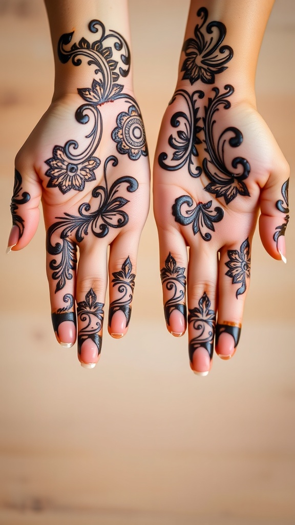 Intricate mehndi designs on hands showcasing floral and geometric patterns.